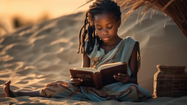 La giovane ragazza africana legge il libro sulla spiaggia Illustrazione AI GenerativexA