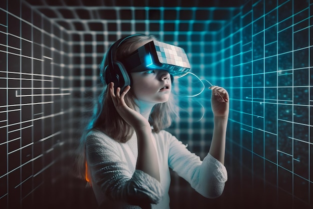 La giovane ragazza che fa esperienza con le cuffie VR utilizza occhiali per realtà aumentata essendo nella realtà virtuale Rete neurale generata dall'intelligenza artificiale