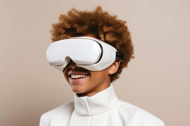 La giovane studentessa africana usa gli occhiali di realtà virtuale dell'auricolare vr della ragazza di tecnologia informatica