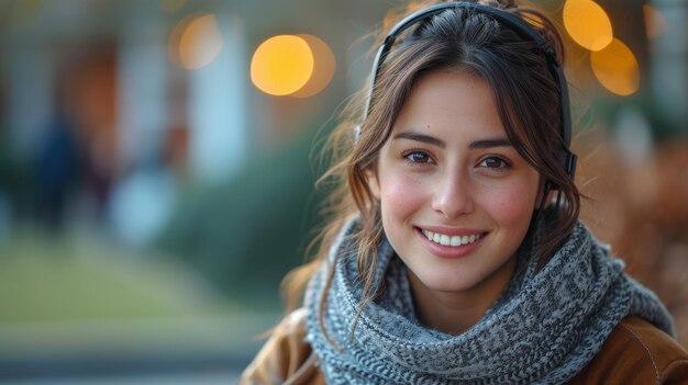 La giovane studentessa indossa anche le cuffie mentre parla nella riunione di chat online usando il suo portatile nel suo campus universitario o nel suo ufficio virtuale.