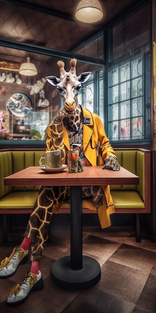 La giraffa in un cappotto giallo si siede a un tavolo in un caffè.