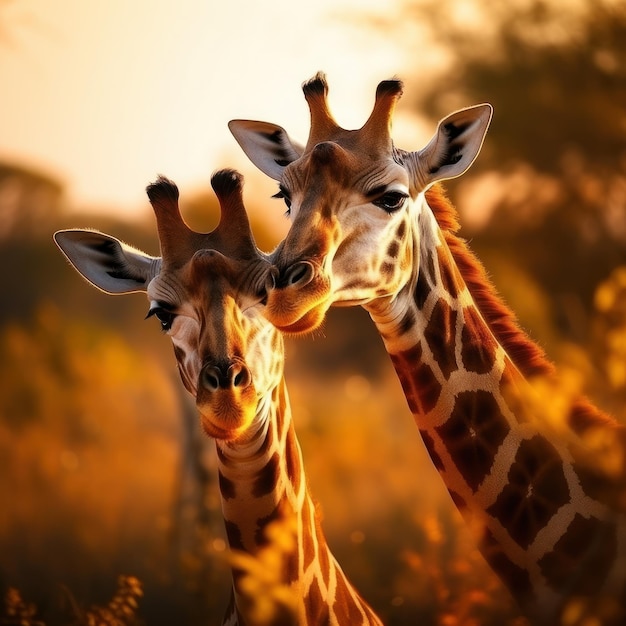 La giraffa nel suo habitat naturale, fotografia naturalistica: una graziosa giraffa pascola nella savana africana baciata dal sole, il suo collo lungo e il motivo maculato risaltano nel paesaggio selvaggio.