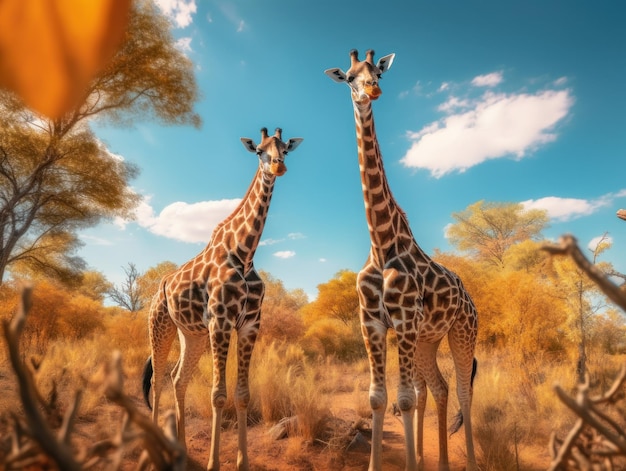 La giraffa nel suo habitat naturale, fotografia naturalistica: una graziosa giraffa pascola nella savana africana baciata dal sole, il suo collo lungo e il motivo maculato risaltano nel paesaggio selvaggio.