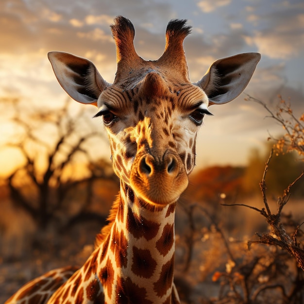 La giraffa nel suo habitat naturale, fotografia naturalistica: una graziosa giraffa pascola nella savana africana baciata dal sole, il suo collo lungo e il motivo maculato risaltano nel paesaggio selvaggio.