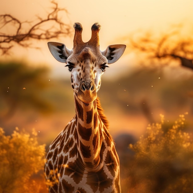 La giraffa nel suo habitat naturale, fotografia naturalistica: una graziosa giraffa pascola nella savana africana baciata dal sole, il suo collo lungo e il motivo maculato risaltano nel paesaggio selvaggio.