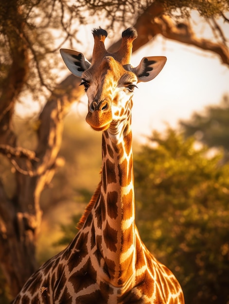 La giraffa nel suo habitat naturale, fotografia naturalistica: una graziosa giraffa pascola nella savana africana baciata dal sole, il suo collo lungo e il motivo maculato risaltano nel paesaggio selvaggio.