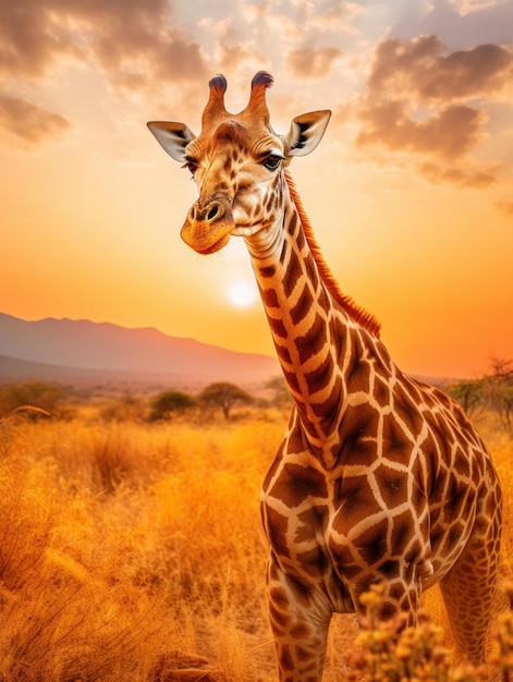 La giraffa nel suo habitat naturale, fotografia naturalistica: una graziosa giraffa pascola nella savana africana baciata dal sole, il suo collo lungo e il motivo maculato risaltano nel paesaggio selvaggio.