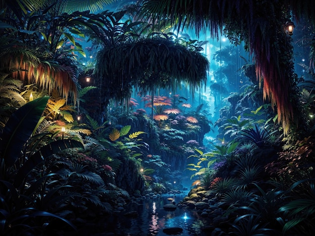 La giungla tropicale di Pandora di notte