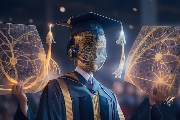 La graduation cap incontra la tecnologia all'avanguardia in questa affascinante immagine di stock che simboleggia la miscela di trad