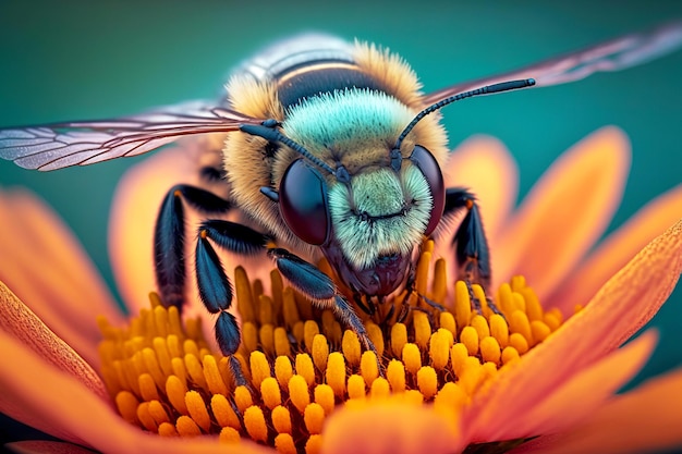 La grande ape si siede su petali di fiori di ape giallo brillante