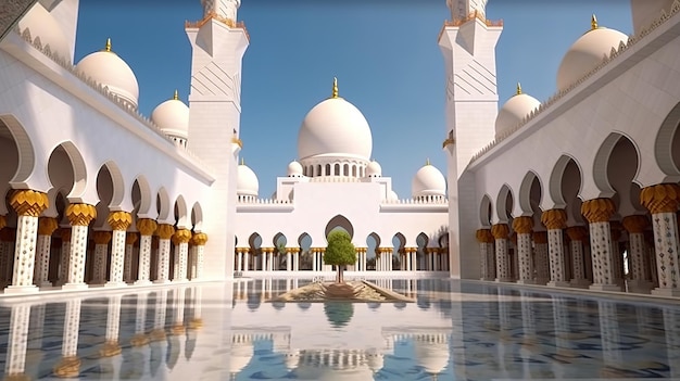 La grande moschea Sheikh Zayed è circondata dall'acqua.