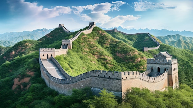 La Grande Muraglia di Cina, fortezza tortuosa, punto di riferimento storico, creata con la tecnologia Generative AI.