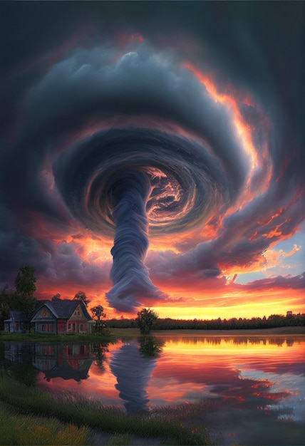 La grande nuvola di tornado è nel cielo sopra un lago generativo ai
