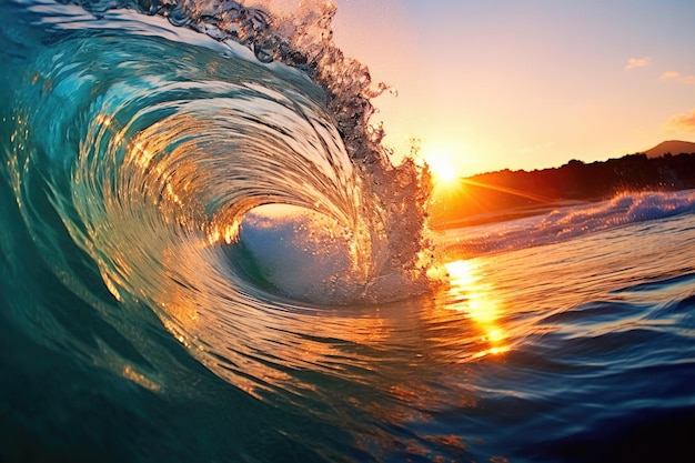 La grande onda oceanica che colpisce la riva al tramonto IA generativa