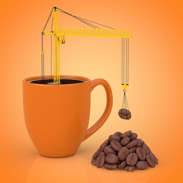 La gru a torre gialla mette i chicchi di caffè nella tazza da caffè su uno sfondo arancione. Rendering 3D