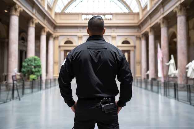 La guardia di sicurezza in nero sta con le spalle ai musei