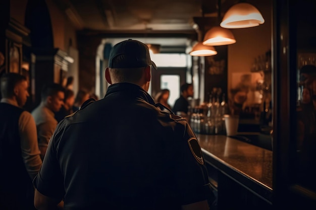 La guardia sta con le spalle al bar sfocato con persone IA generativa