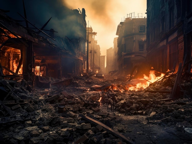 La guerra nella città ha distrutto edifici fumo fuoco detriti