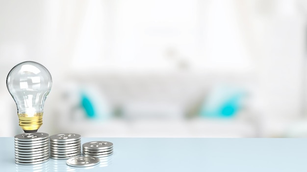 La lampadina e le monete d'argento sul tavolo per il rendering 3d del concetto di business