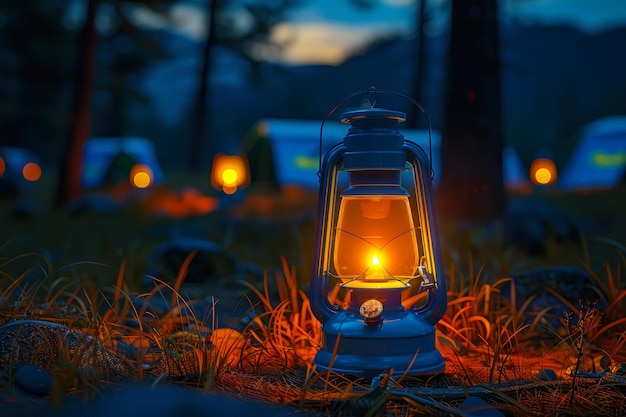 La lanterna del campeggio illumina la foresta al crepuscolo