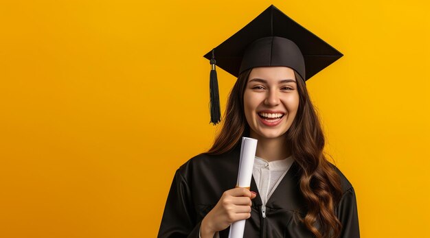 La laureata in cappello e abito celebra il risultato su sfondo giallo