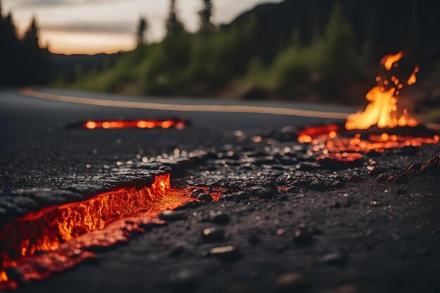 La lava calda sulla strada