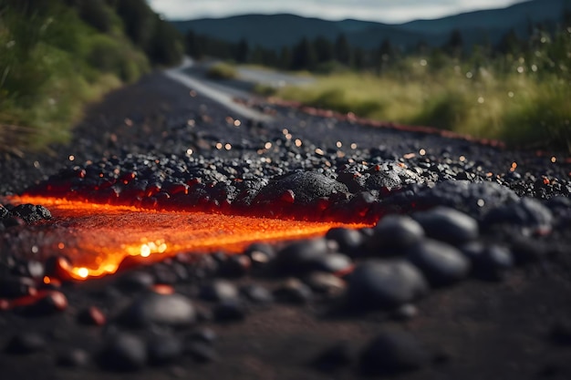 La lava calda sulla strada