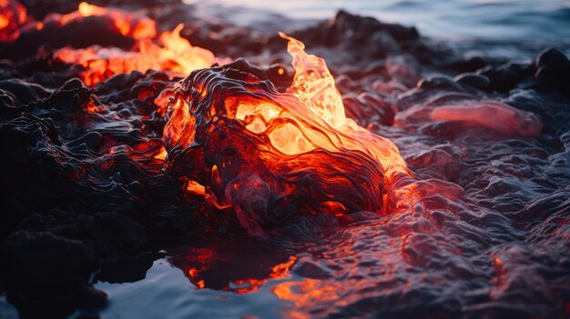 La lava fusa si solidifica vicino alla riva dell'oceano