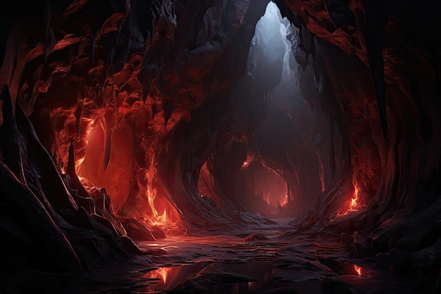 La lava scorre attraverso una caverna oscura IA generativa