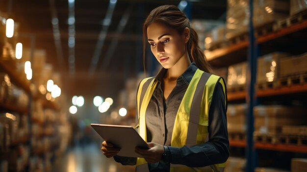 La lavoratrice controlla l'inventario con il tablet nella fabbrica intelligente