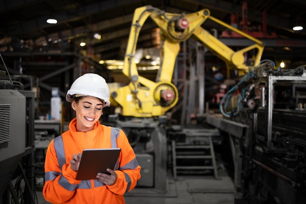 La lavoratrice professionista dell'industria pesante che indossa l'uniforme di sicurezza utilizza il tablet