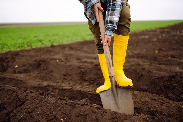 La lavoratrice scava il terreno con la pala nell'orto Agricoltura e concetto di lavoro duro