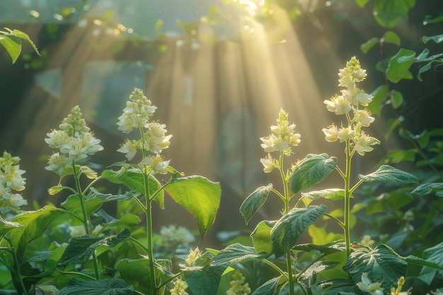 La leggera luce mattutina si riversa sui fiori bianchi sullo sfondo della foresta