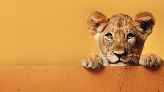 La leonessa sbircia da dietro un muro su uno sfondo arancione con spazio per il testo Foto di alta qualità
