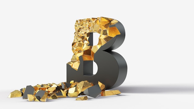 La lettera B nera danneggiata rivela l'oro all'interno. Illustrazione 3d, adatta per temi di dattilografia, lettere e alfabeto.