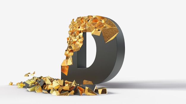 La lettera D nera danneggiata rivela l'oro all'interno. Illustrazione 3d, adatta per temi di dattilografia, lettere e alfabeto.