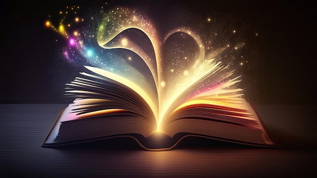 La lettura del libro magico per lo studio di nuove abilità sviluppo dell'immaginazione ha aperto il libro magico sul tavolo