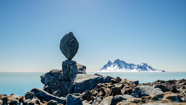 La linea delle ciglia delle onde del mare ha un impatto sulla roccia sul rendering 3d della spiaggia