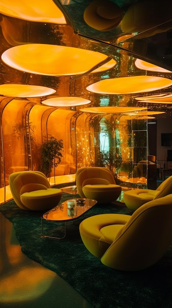 La lobby dell'hotel è decorata con luci gialle e pavimento in marmo verde.