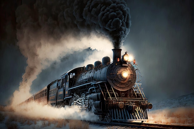 La locomotiva nera con fumo scuro trasporta il treno espresso polare