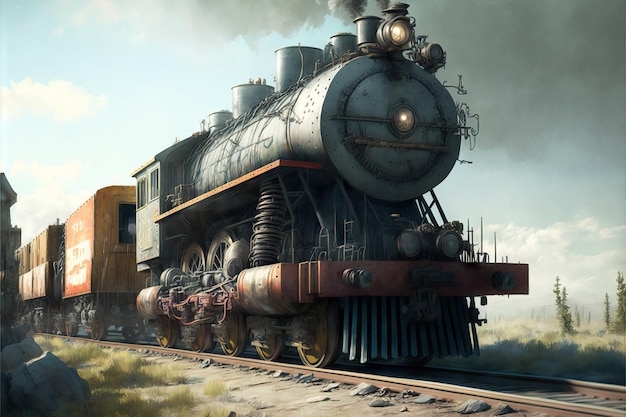 La locomotiva tira il treno merci con i vagoni attaccati