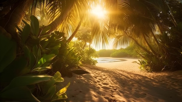 La luce del mattino rivela un tranquillo paesaggio tropicale con vegetazione lussureggiante, acqua calma e atmosfera tranquilla e un sentiero per la spiaggia nascosta