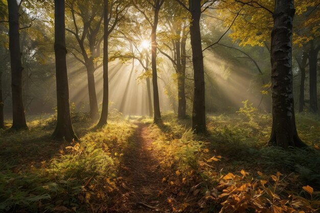 La luce del sole attraversa gli alberi della foresta