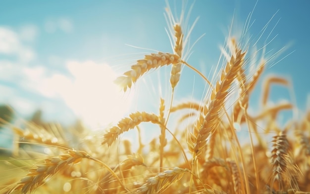 La luce del sole attraversa un campo di grano creando un'atmosfera estiva sognante e calda con un focale morbido sui gambi dorati