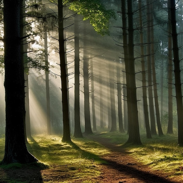 La luce del sole che splende attraverso gli alberi in una foresta con un percorso generativo ai