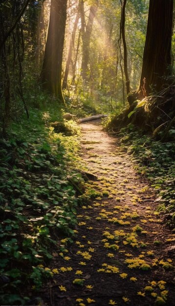 La luce del sole che splende attraverso gli alberi in una foresta con un percorso generativo ai