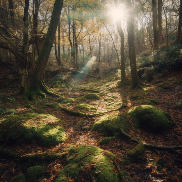 la luce del sole che splende attraverso gli alberi in una foresta coperta di muschio terreno generativo ai