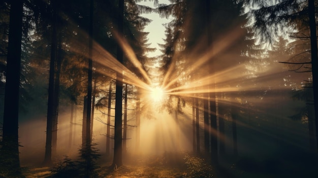 La luce del sole filtra attraverso la nebbia nel concetto di silhouette della foresta