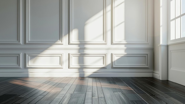 La luce del sole getta un'ombra sul pavimento di legno laminato scuro della stanza bianca vuota È uno stile classico nel design interno dell'edificio con uno spazio bianco vuoto