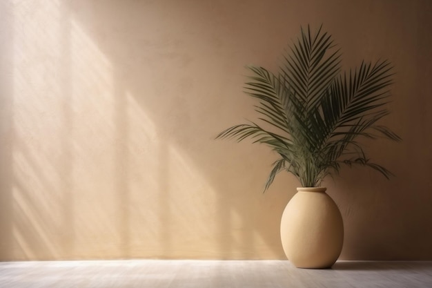 La luce del sole ombreggia l'interno della parete beige design arredamento vaso da tavolo in cemento casa AI generativa